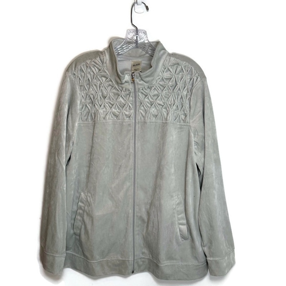 BLAIR Velour Tracksuit XL Gray Silver Quilted Smocked Zip Grandpa Retro Cottage - Picture 2 of 16